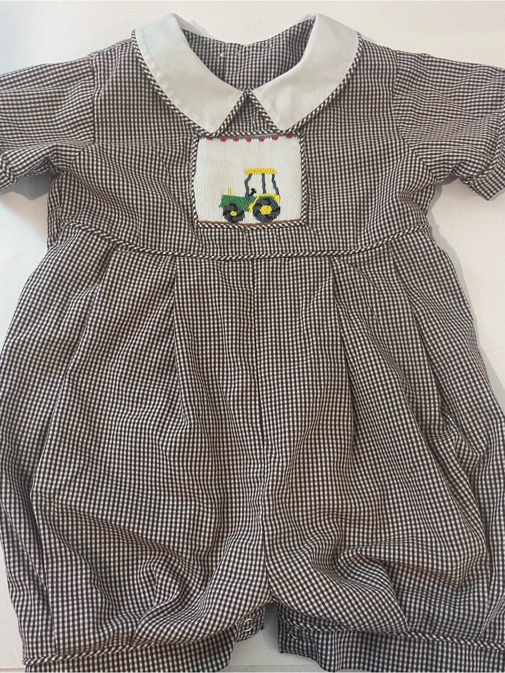 Remember Nguyen Baby Boy Brown Check Tractor Smocked Romper With Collar 24m